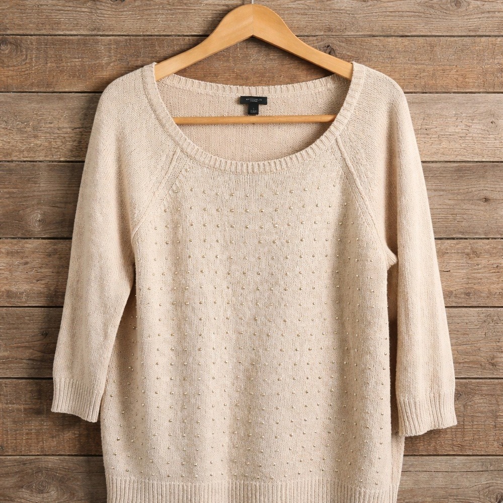 Ann Taylor Women's L Tan Gold Studded Knit‎ Sweater Wool Cashmere Blend Crew